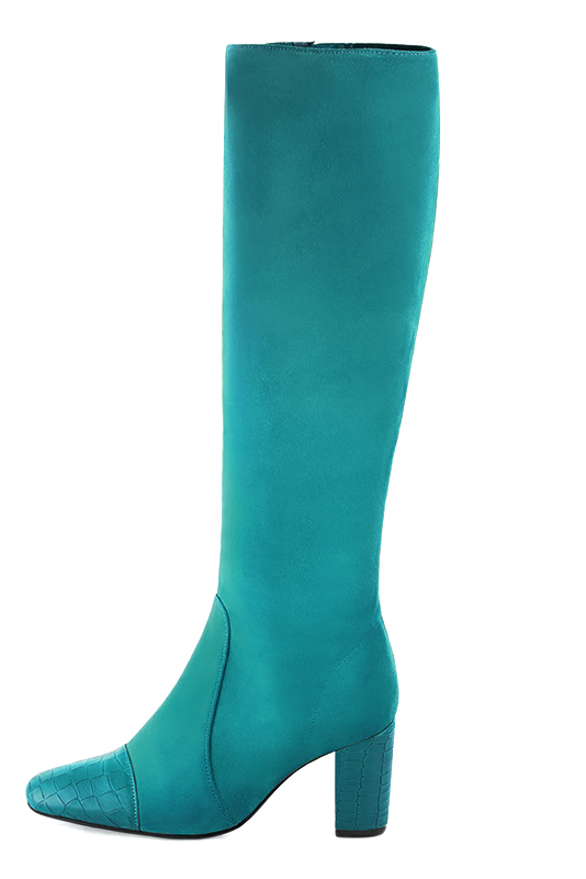 Turquoise blue women's elegant sneakers. Round toe. High block heels. Profile view - Florence KOOIJMAN